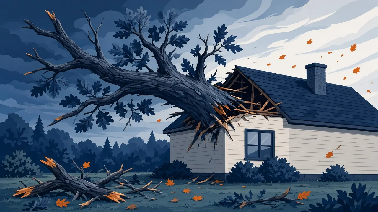 Illustration of a large oak tree fallen onto the corner of a house roof after a windstorm, with broken branches on the lawn