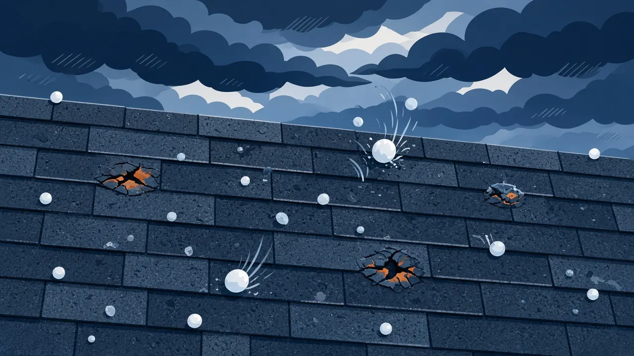 Illustration of hailstones striking an asphalt shingle roof, leaving cracked and bruised shingles