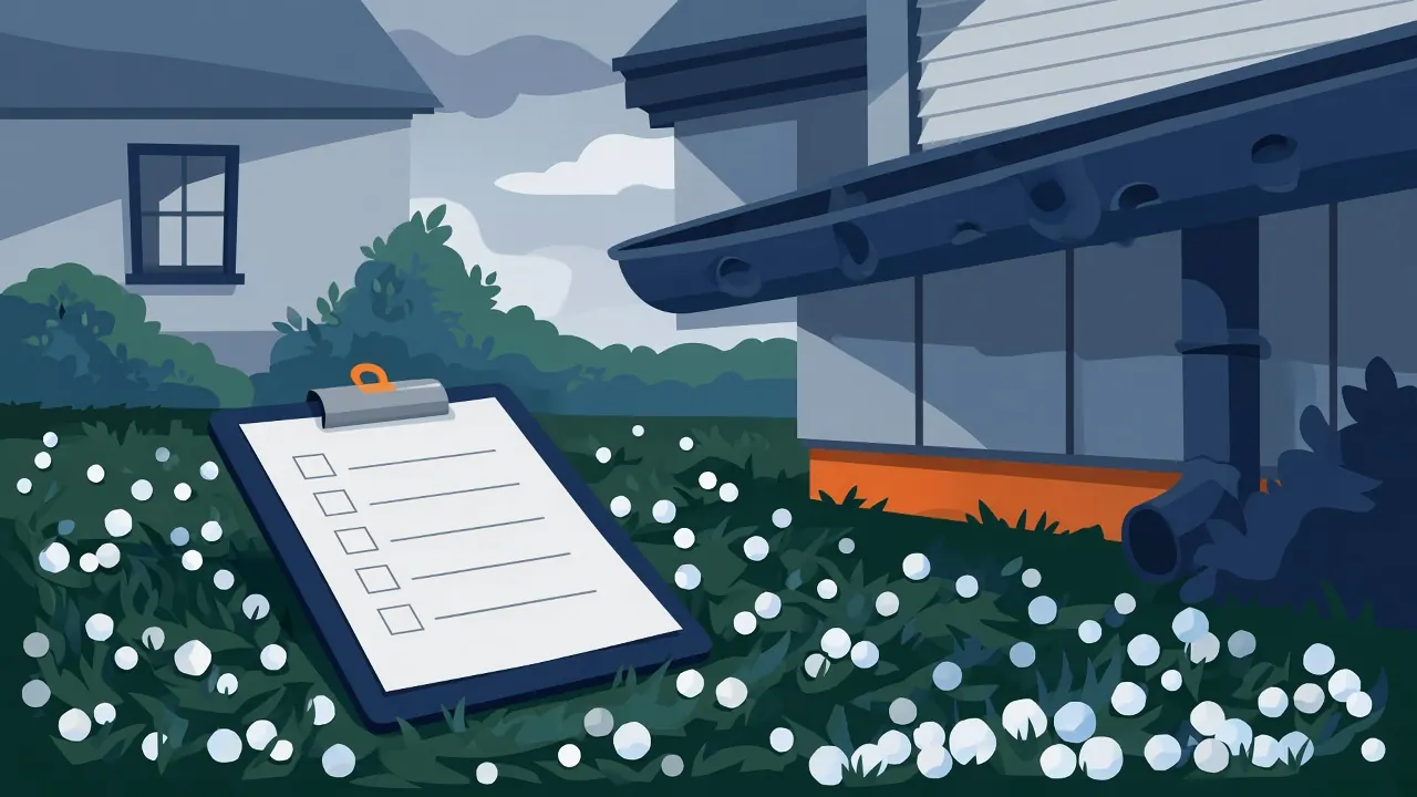 Illustration of a blank checklist clipboard on a lawn covered in hailstones beside a dented gutter