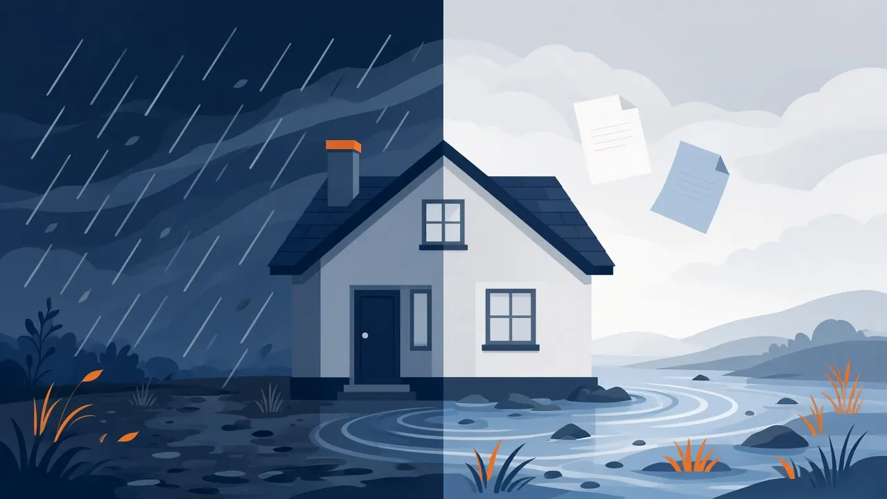 Illustration of a house split between wind-driven rain on one side and rising floodwater on the other, representing homeowners versus flood insurance