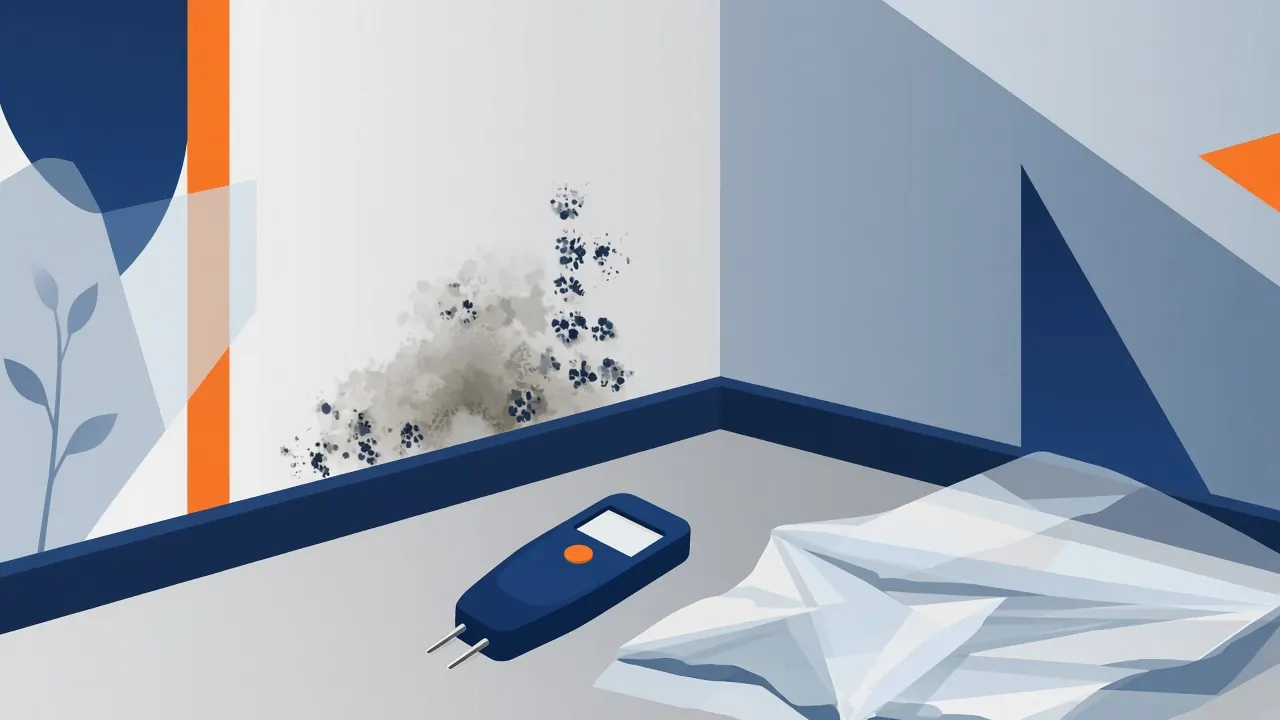 Illustration of mold growth near a baseboard after water damage, with a moisture meter and plastic containment sheeting