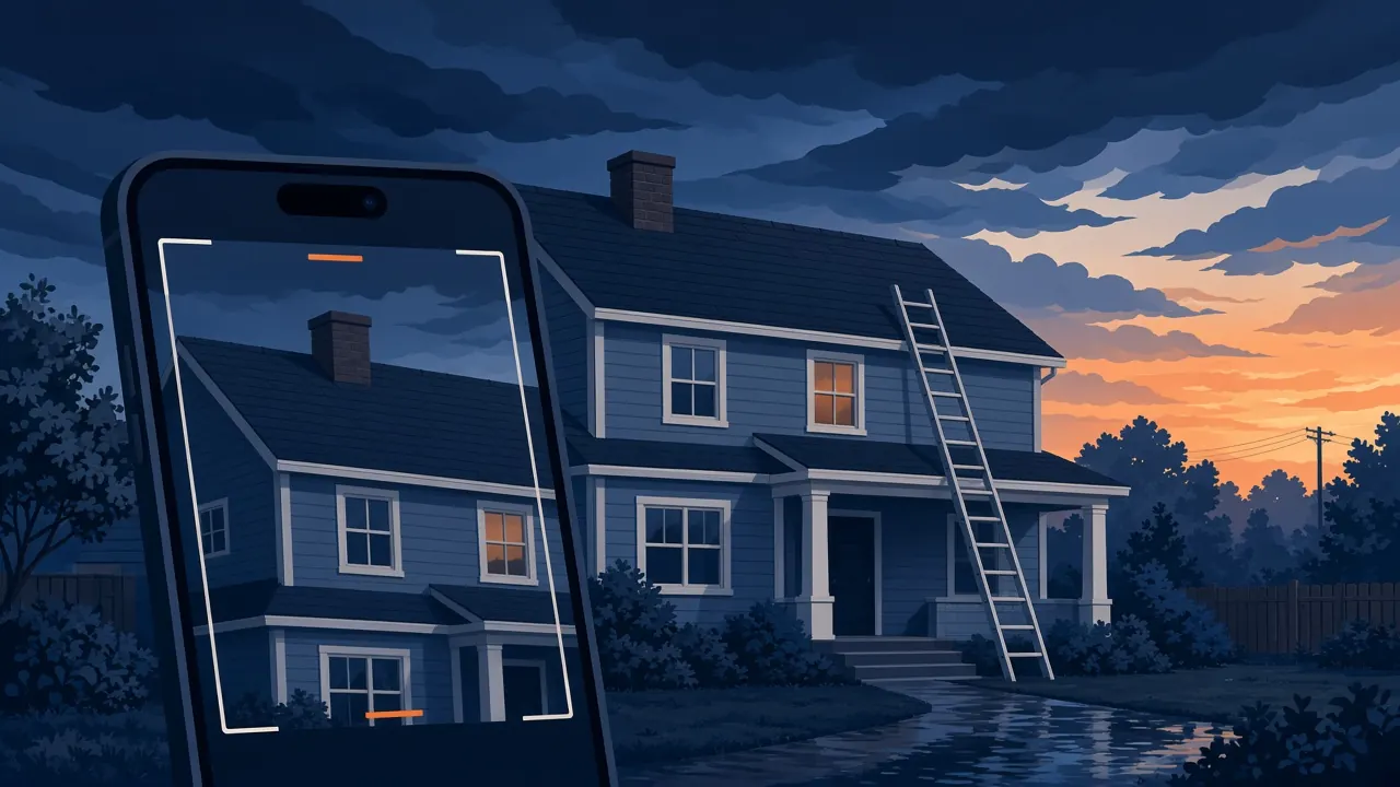 Illustration of a two-story house after a storm, with a smartphone camera framing the roof to photograph storm damage for an inspection