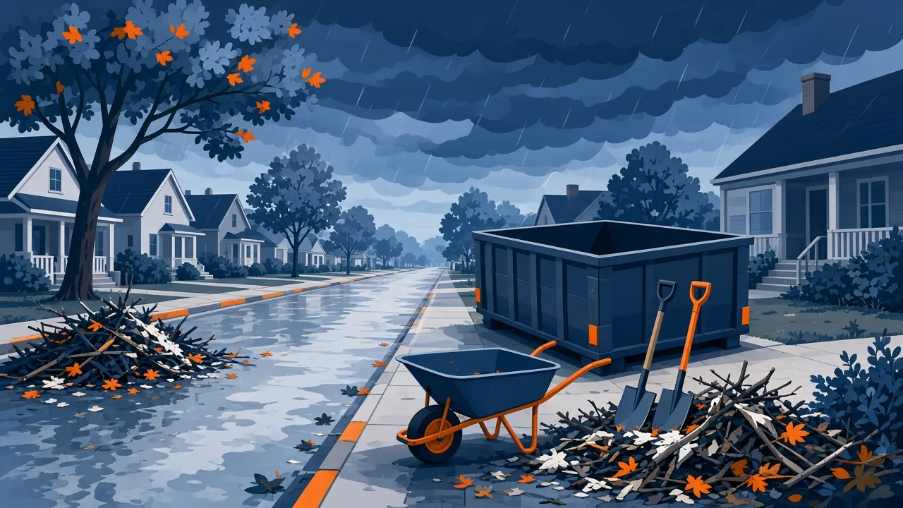 Illustration of a residential street after a storm with debris piles, a roll-off dumpster, a wheelbarrow and shovels for cleanup