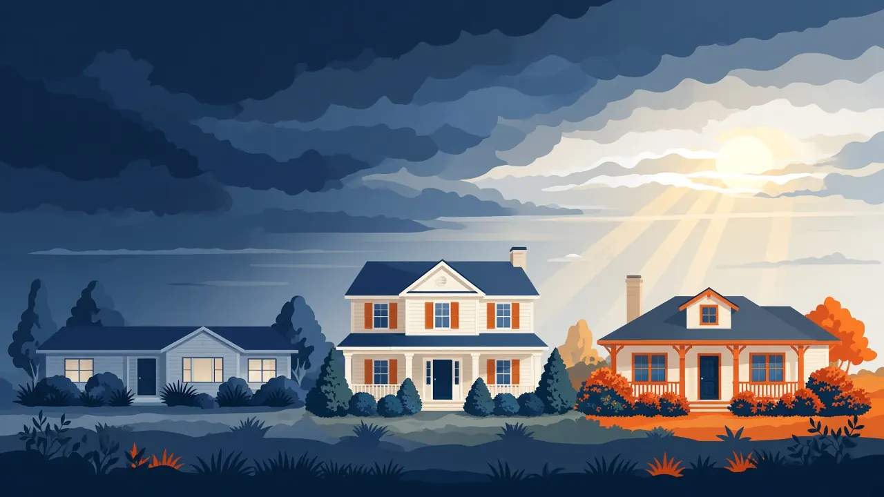 Illustration of a row of American homes as storm clouds clear and the sun breaks through, representing storm damage help for Florida homeowners