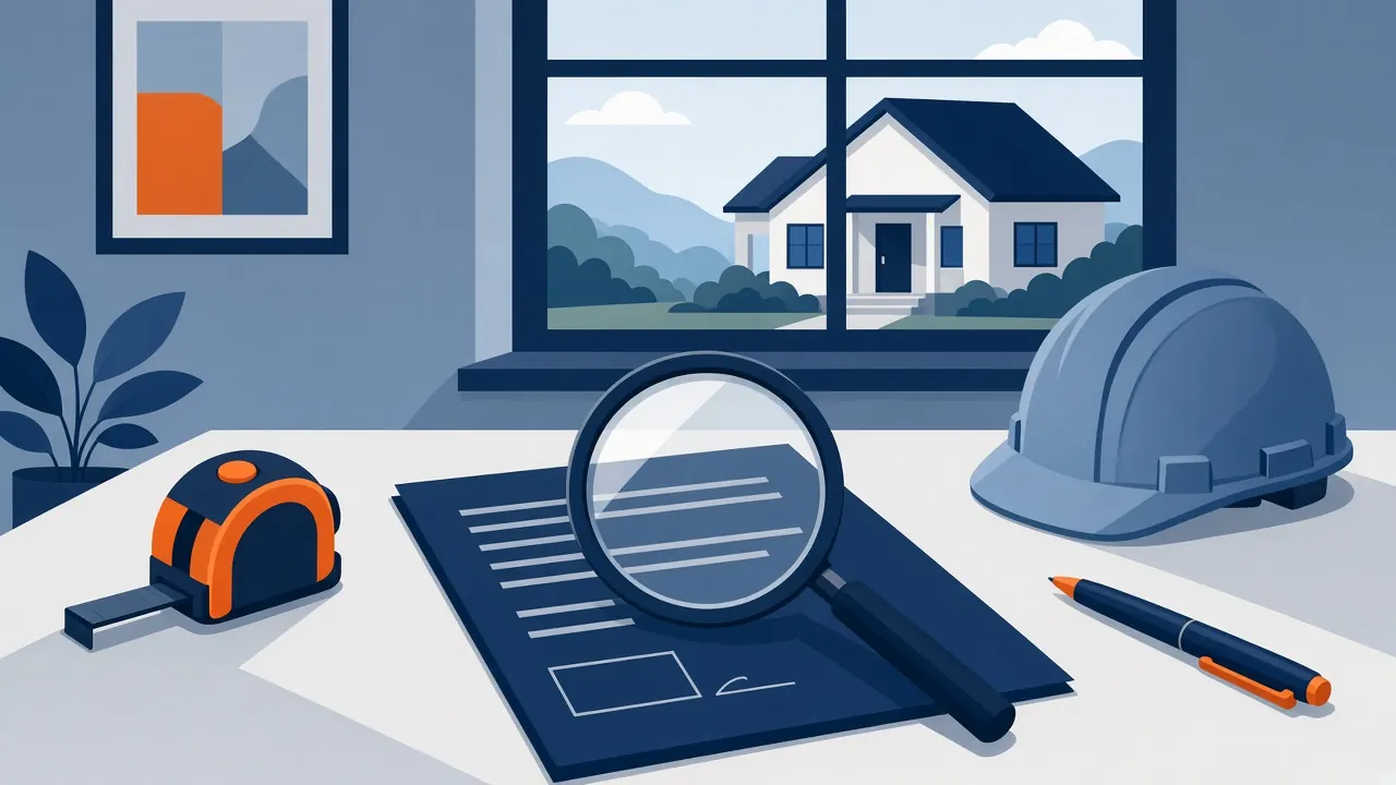 Illustration of a magnifying glass over a contractor contract on a table with a hard hat, tape measure and pen